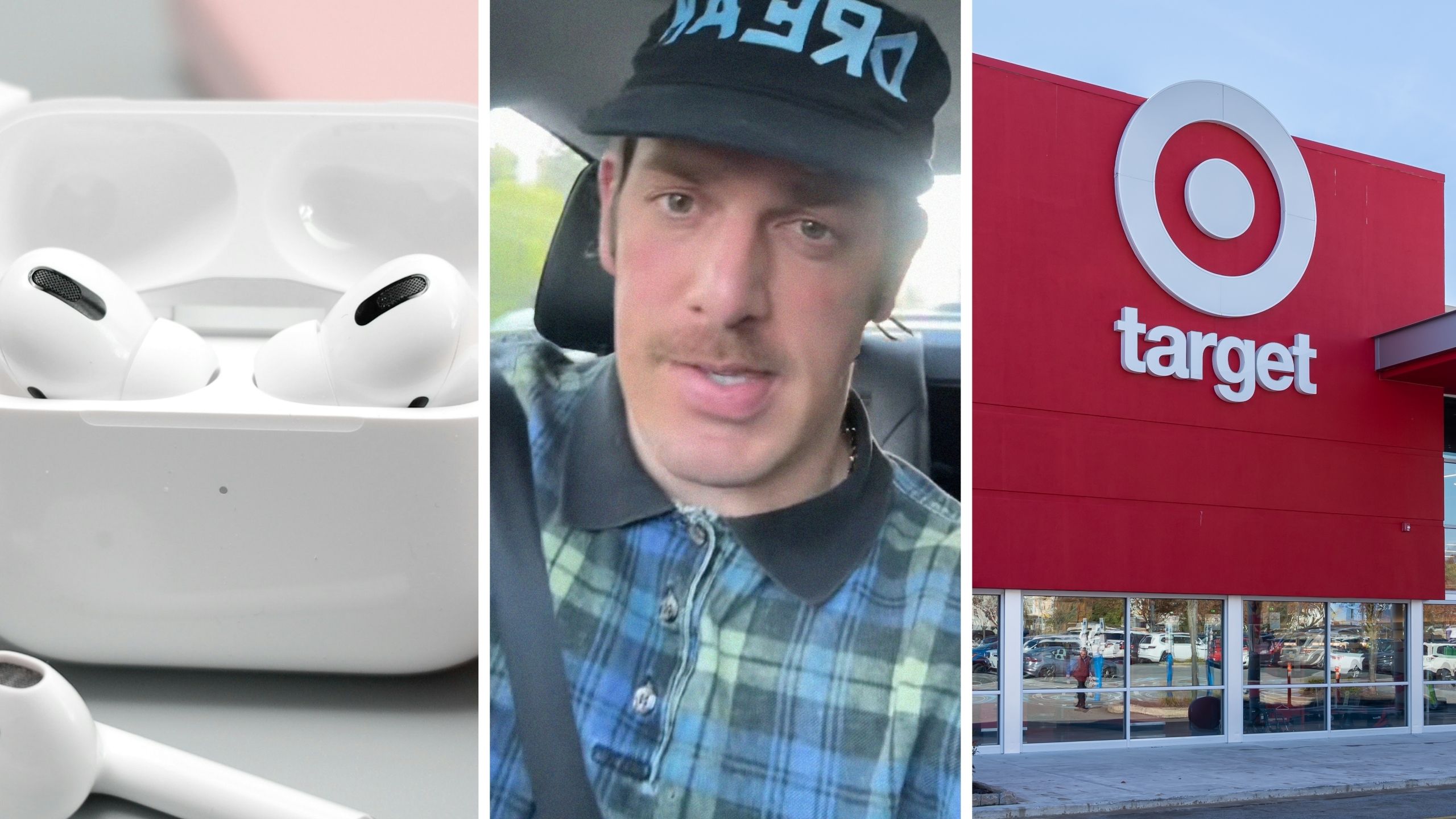 apple airpods (l) man shares target purchase issue (c) Target storefront (r)
