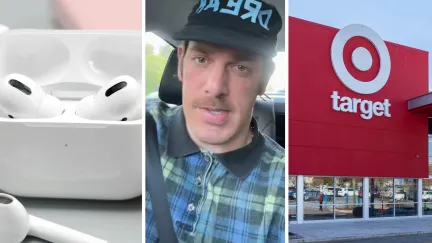 apple airpods (l) man shares target purchase issue (c) Target storefront (r)