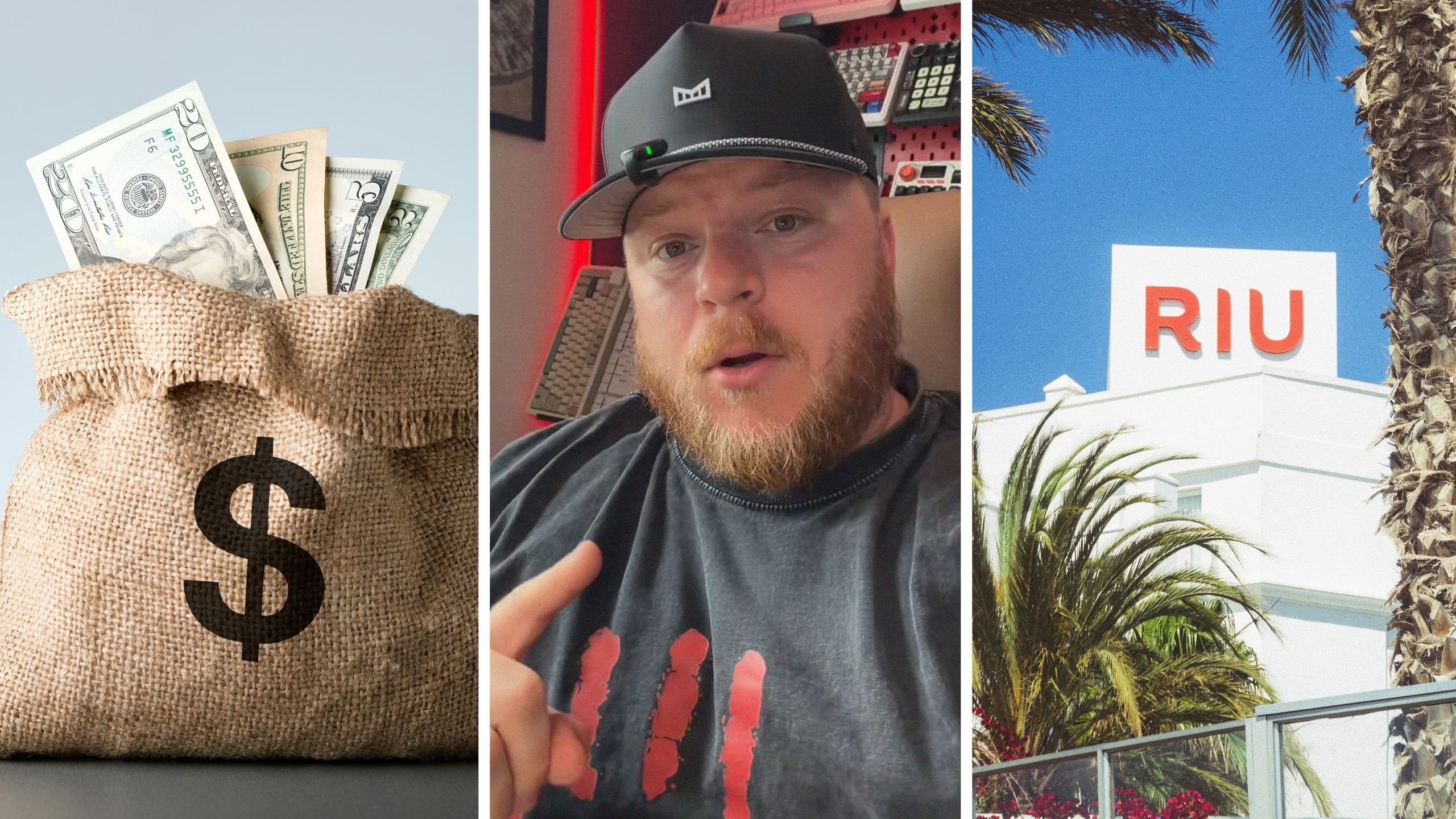 bag of money (l) man shares RIU hotel experience and issue (r) RIU Hotel entrance (r)