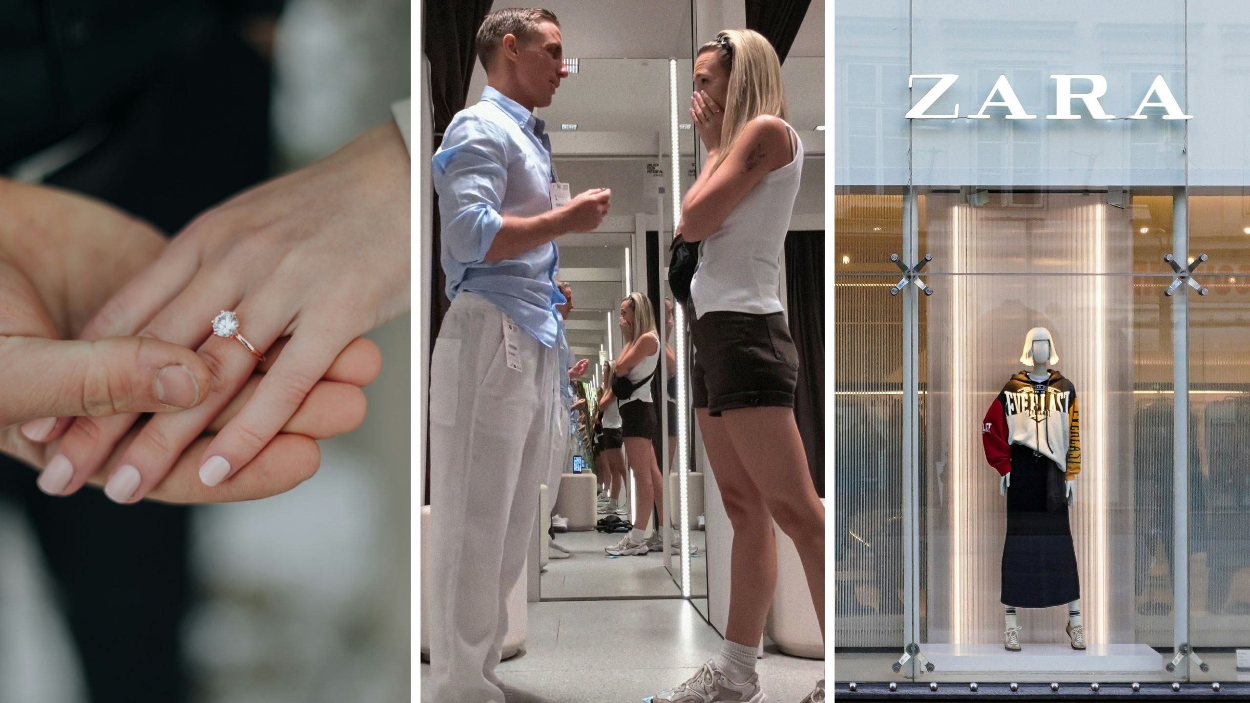 engagement ring (l) man is about to propose (c) Zara storefront (r)