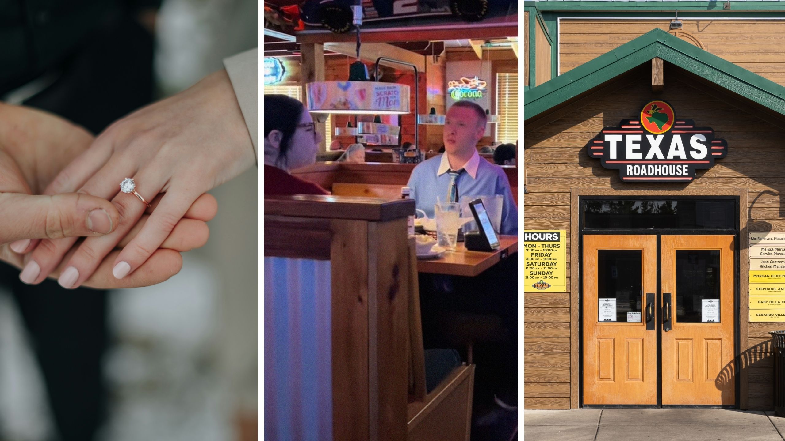engagement ring (l) couple having a date at texas roadhouse (c) Texas Roadhouse entrance (r)