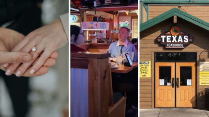 engagement ring (l) couple having a date at texas roadhouse (c) Texas Roadhouse entrance (r)
