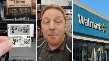 price tags (l) man shares Walmart observation (c) Walmart storefront (r)
