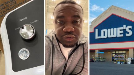 GE dryer (l) man shares Lowe's encounter (c) Lowe's storefront (r)