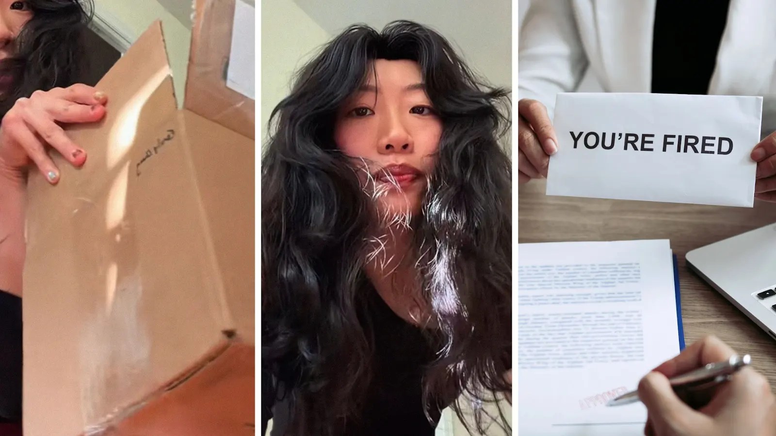 box with package inside (l) woman shares package she got in the mail (c) woman gets laid off (r)