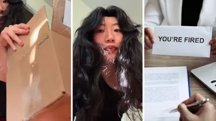 box with package inside (l) woman shares package she got in the mail (c) woman gets laid off (r)