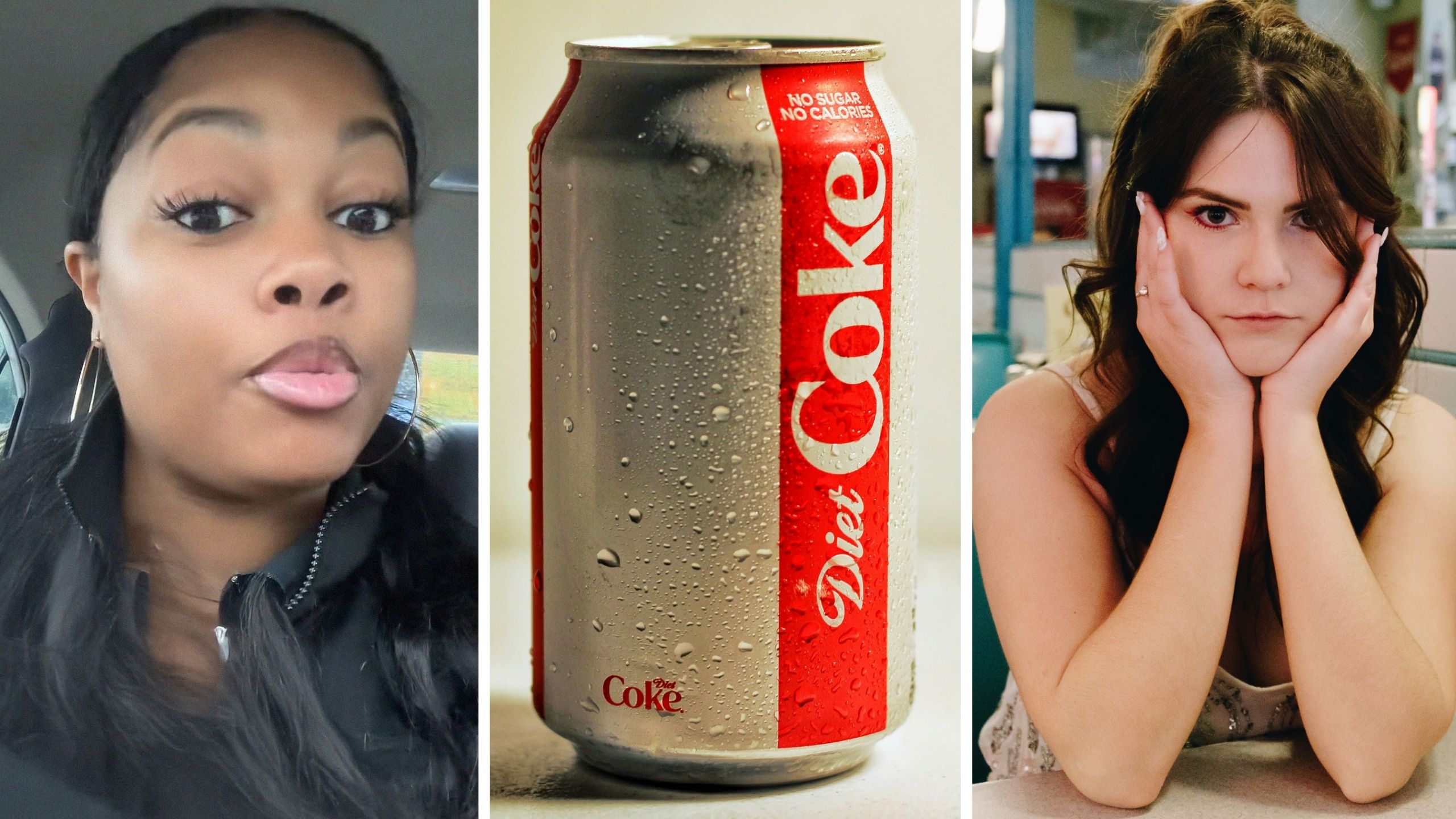 woman shares workplace drama (l) diet coke (c) upset restaurant customer (r)