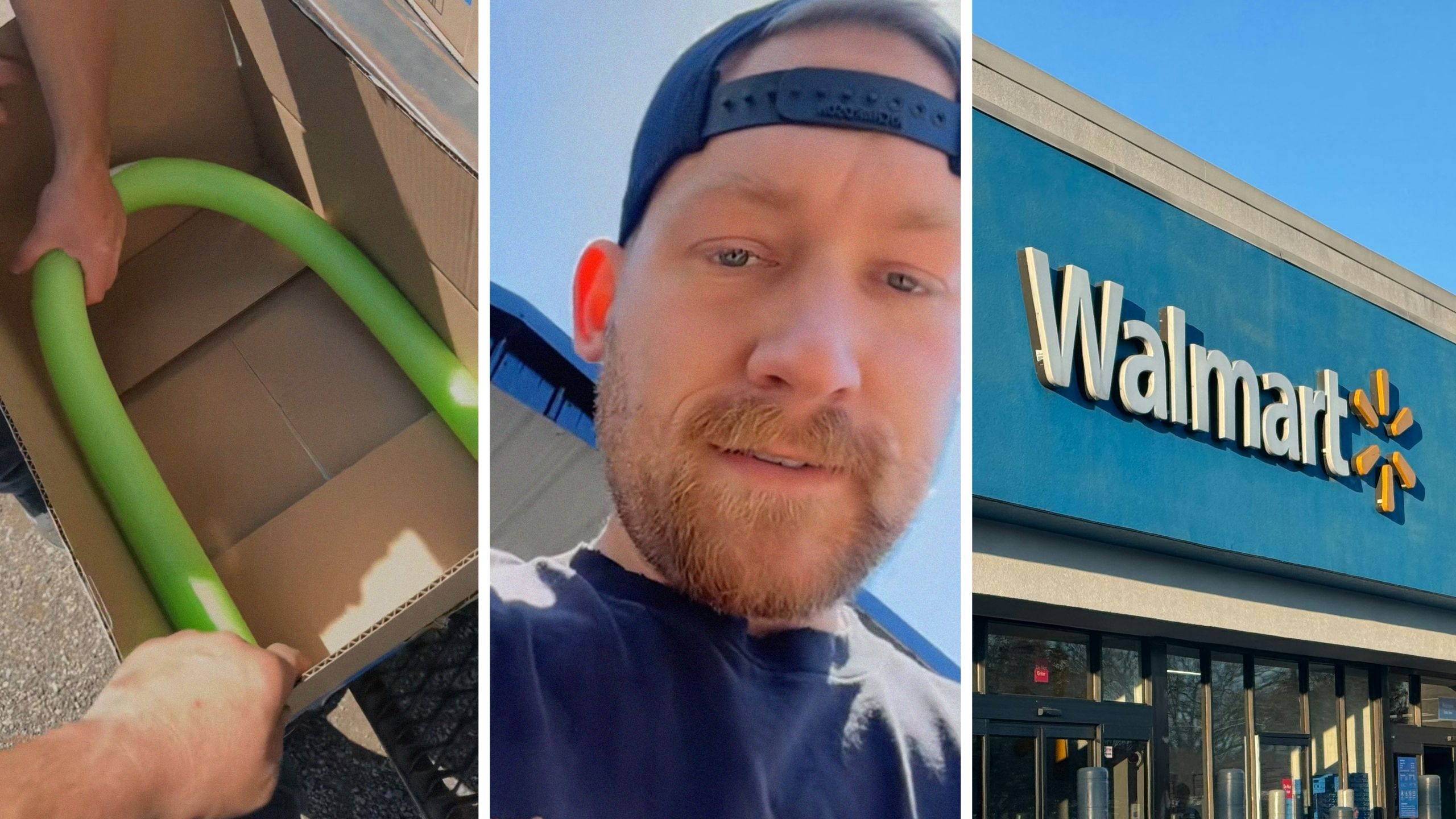 pool noodle (l) man shares walmart order (c) walmart storefront (r)