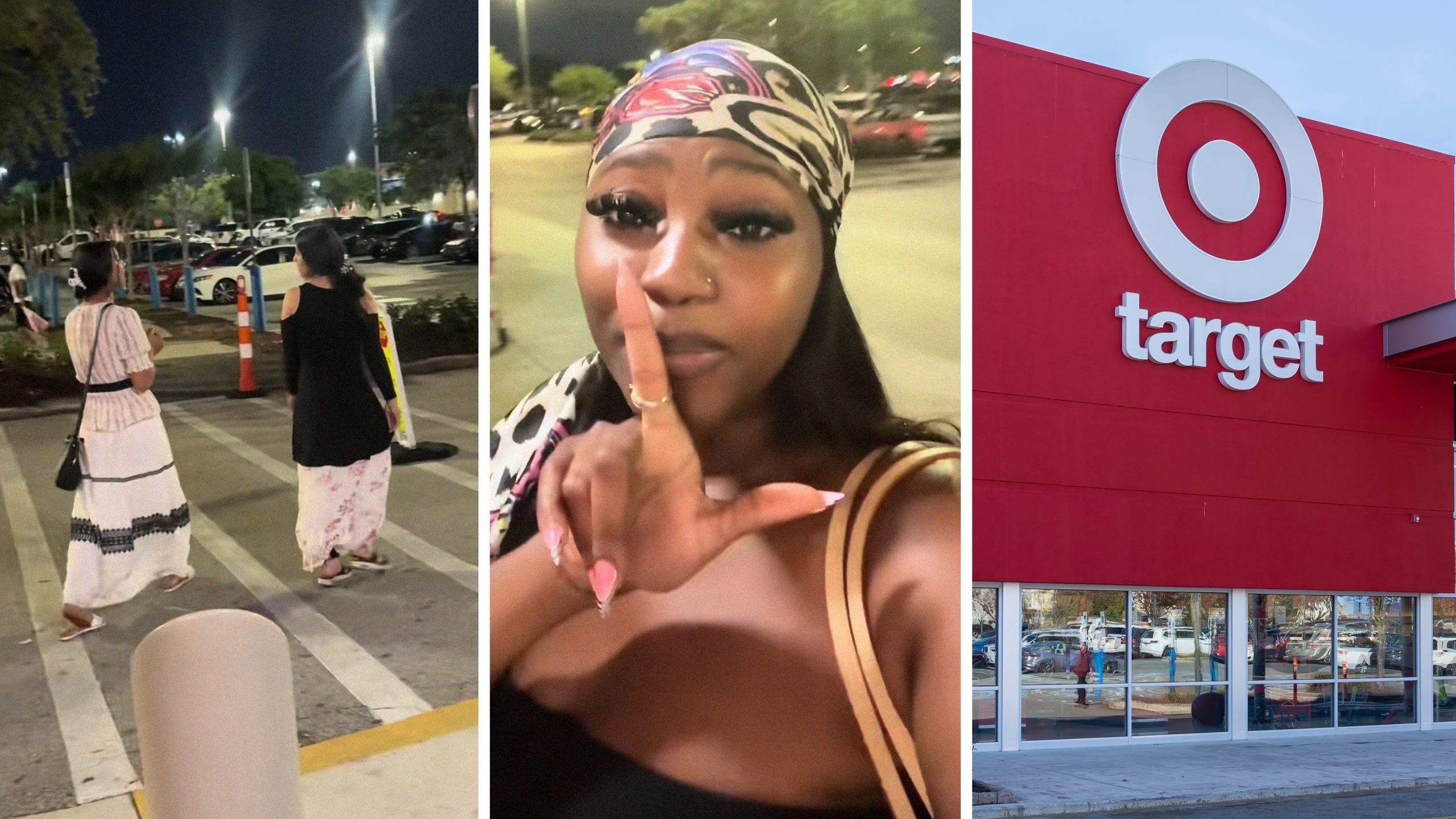 two homeless dressed women (l) woman shares Target experience (c) Target storefront (r)