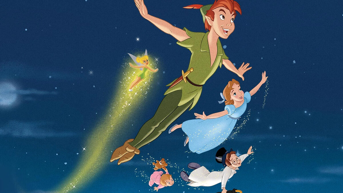 Peter Pan and the Darling children fly into the night in "Peter Pan"