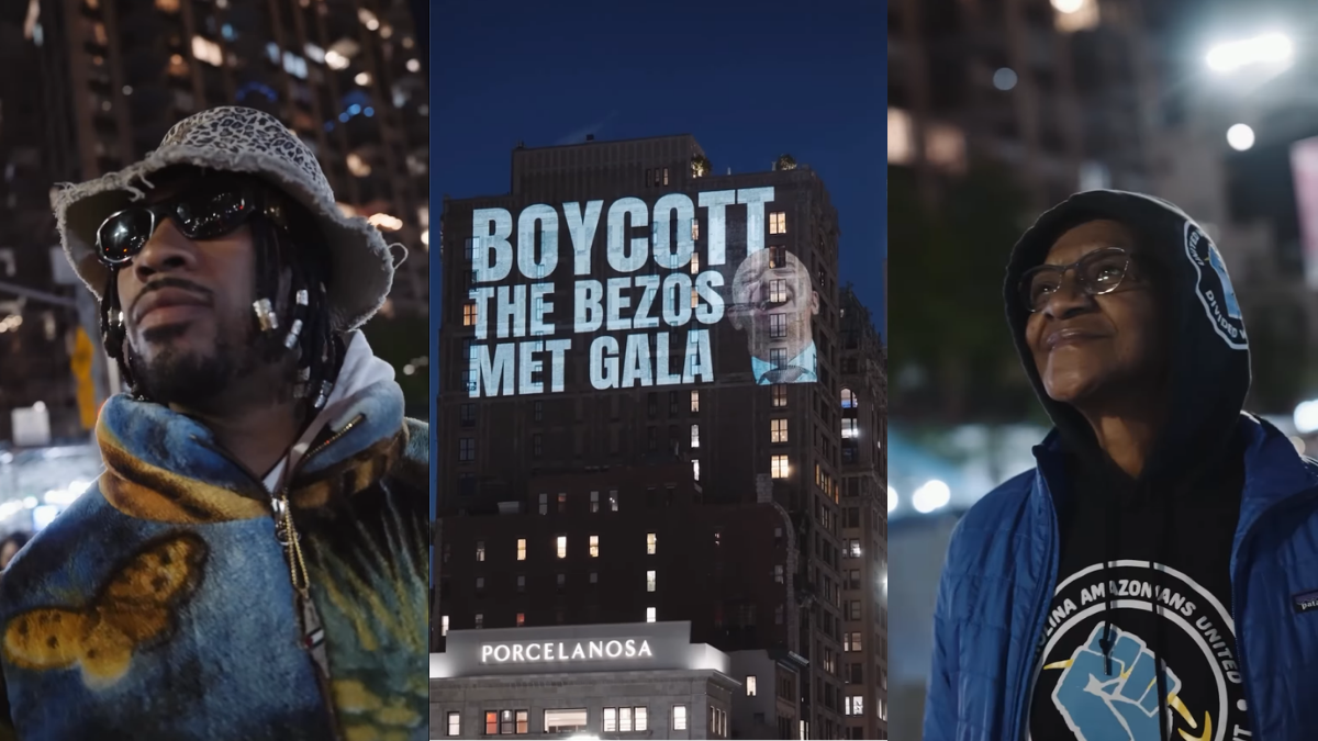 Protesters send a message to Amazon founder Jeff Bezos on the night of the MET Gala