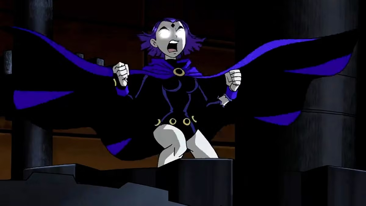 Raven's eyes glow with power in Teen Titans