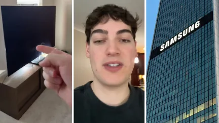 flat screen TV (l) man shares TV issue (c) Samsung company (r)