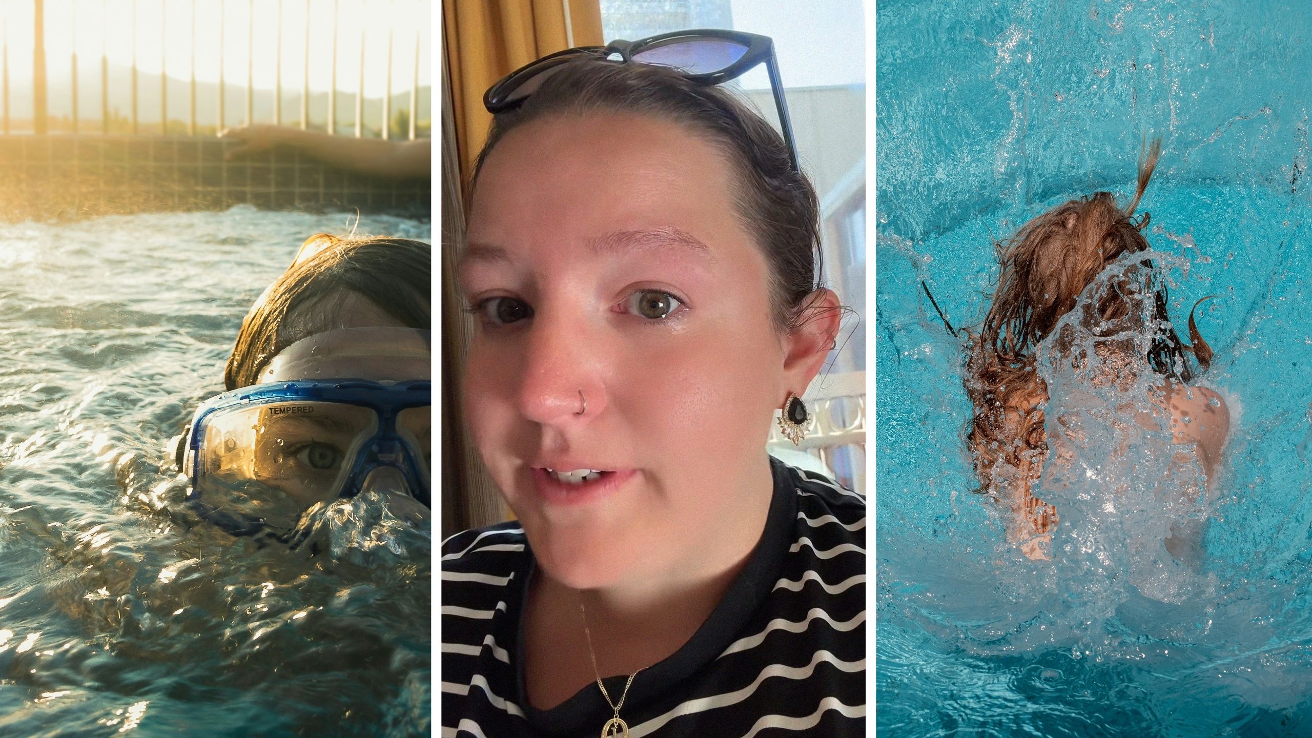 woman in hot tub (l) woman shares hotel experience (c) kid splashing in the water (r)