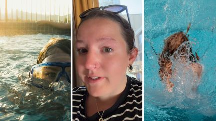 woman in hot tub (l) woman shares hotel experience (c) kid splashing in the water (r)