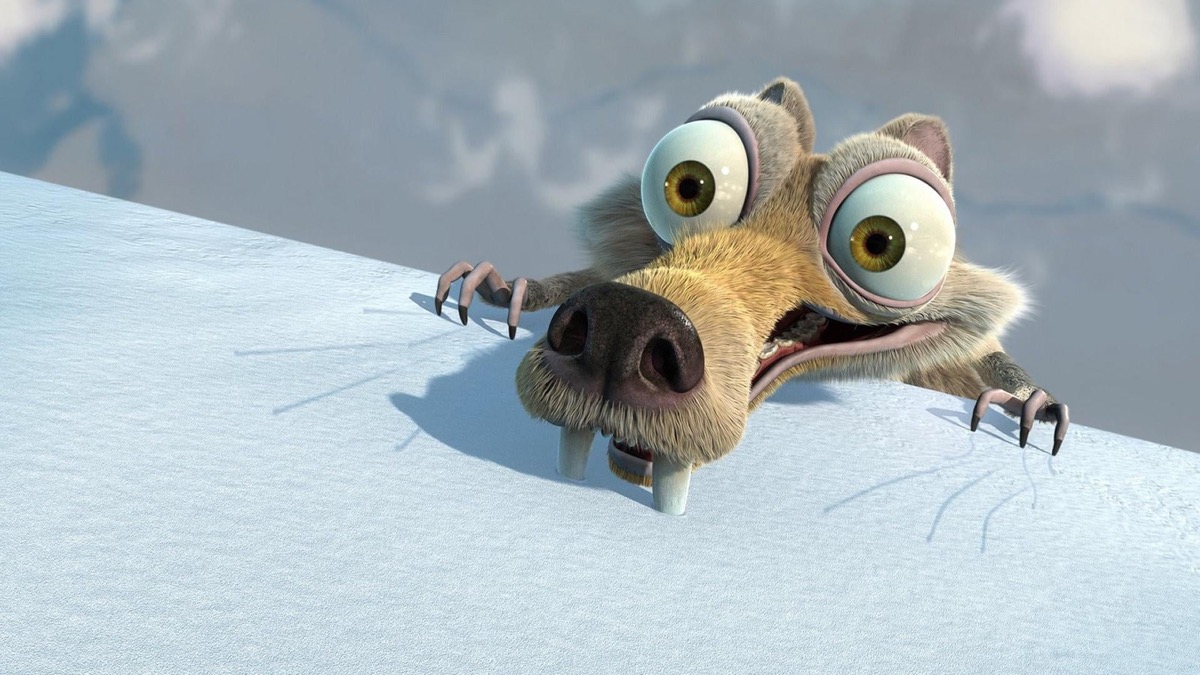 Scrat the squirrel hangs off an icy ledge in Ice Age