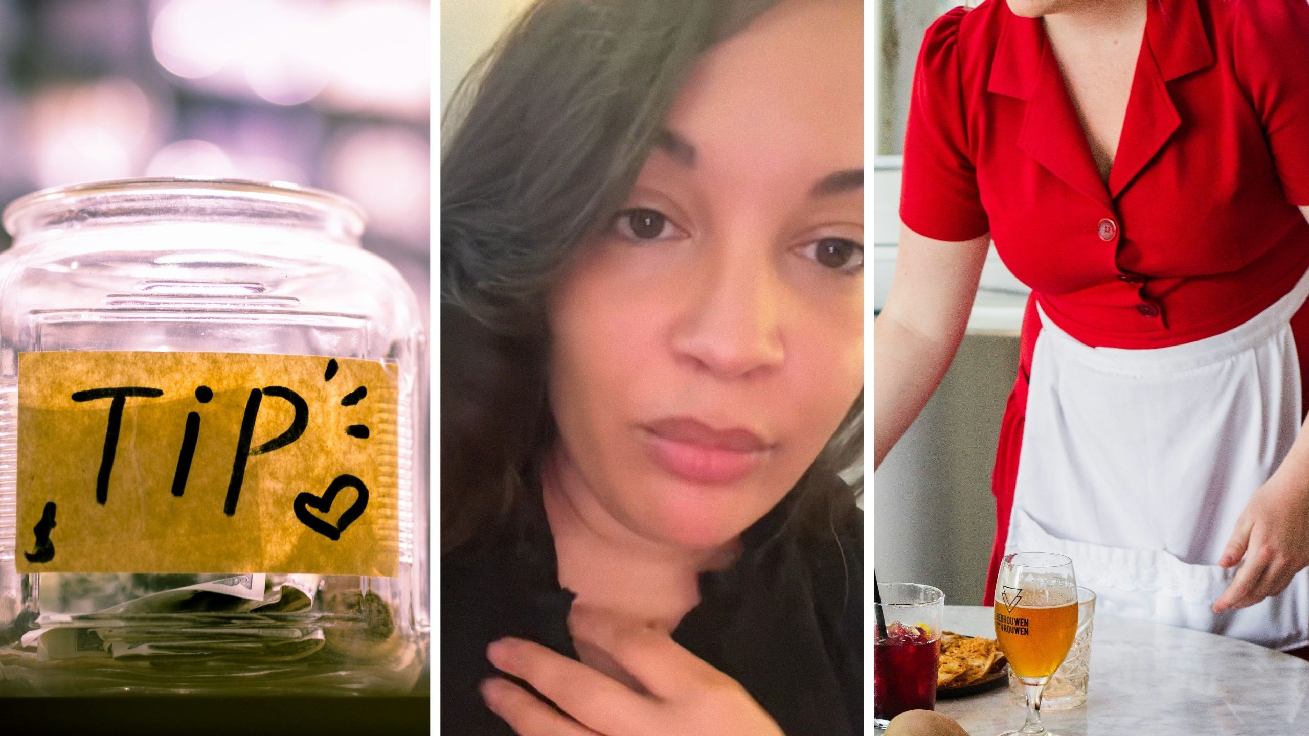tip jar (l) woman shares a day in the job as a server (c) female server (r)