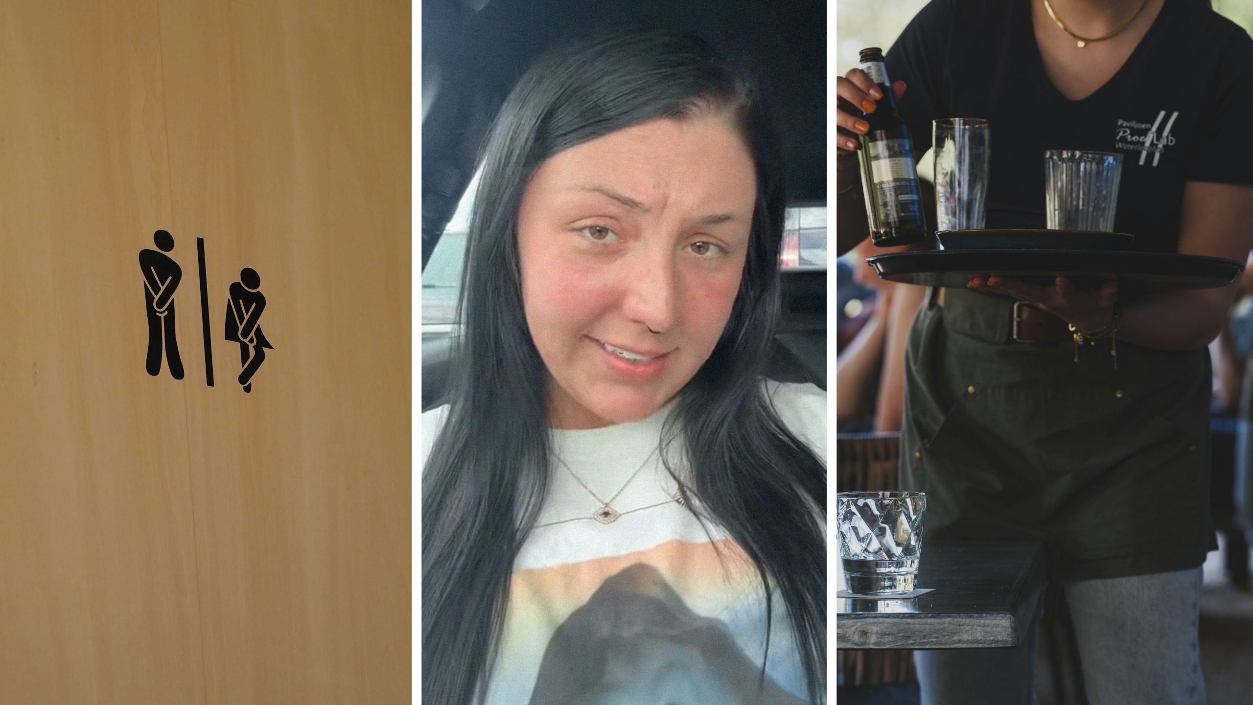 bathroom sign (l) woman shares friends server story (c) server at work (r)