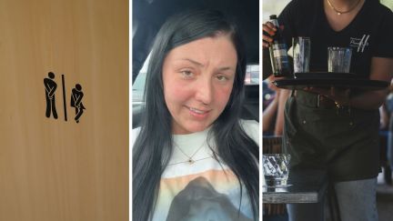 bathroom sign (l) woman shares friends server story (c) server at work (r)