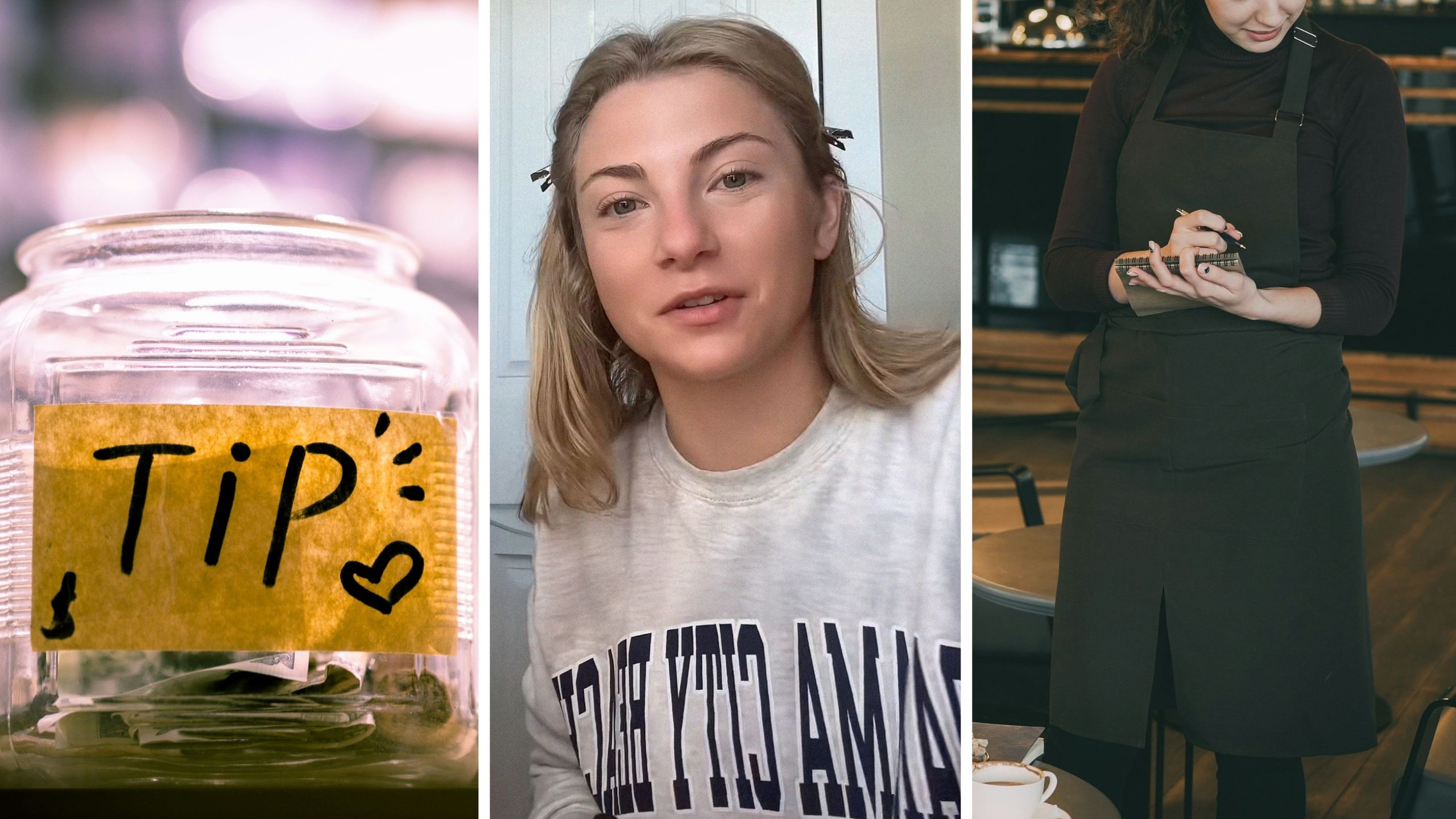 tip jar (l) woman shares how she observes customers (c) woman takes customers order (r)