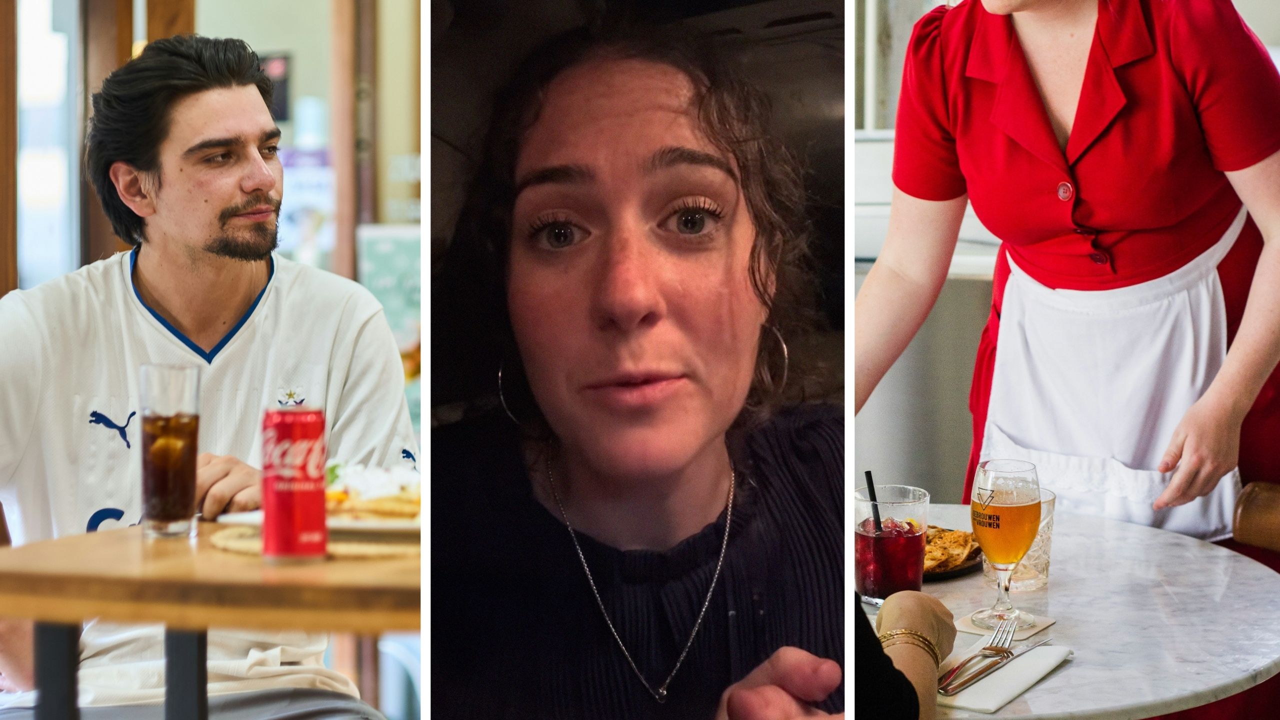 concerned customer (l) woman shares waitress experience (c) waitress at table (r)