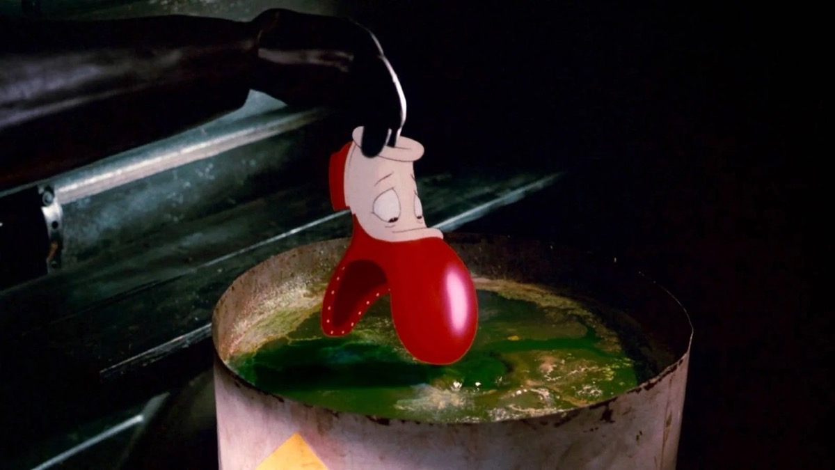A cartoon shoe gets lowerred into acid in "Who Framed Roger Rabbit" 