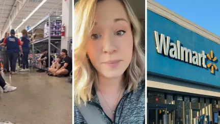 customers on the floor (l) woman shares walmart experience (c) walmart storefront (r)