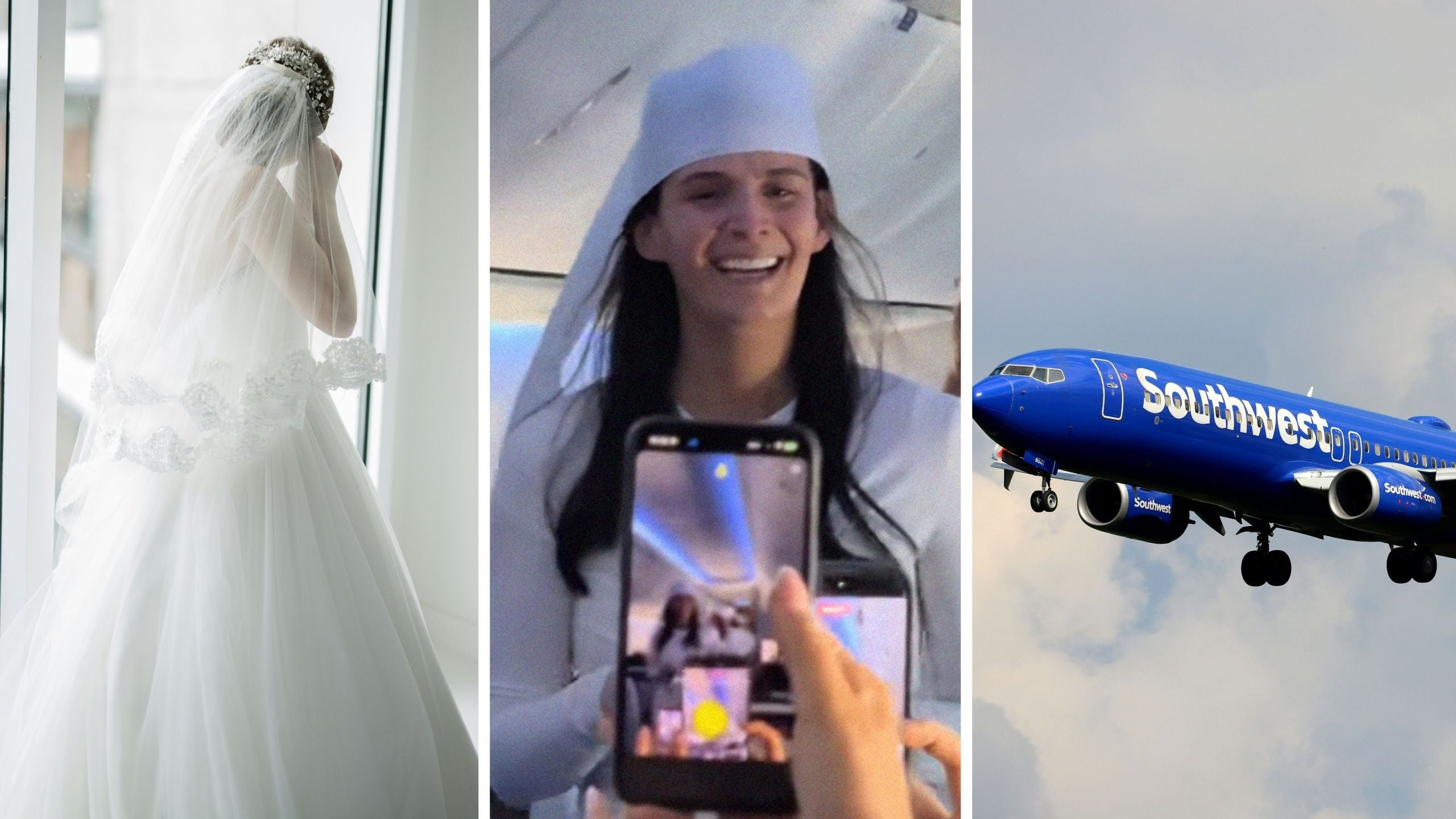 bride in her gown (l) woman shares flight experience (c) southwest airlines (r)