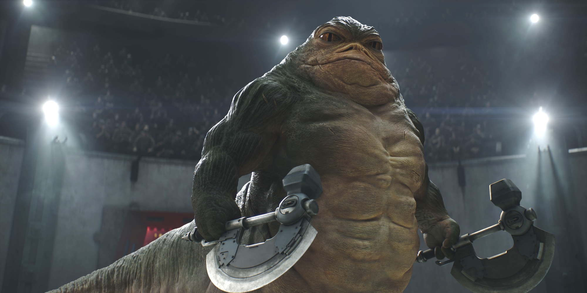 a hutt standing with an ax