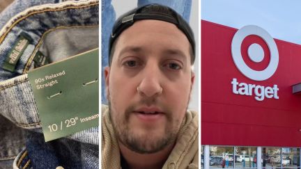 Wild fable jeans (l) man shares Target encounter (c) Target storefront (r)