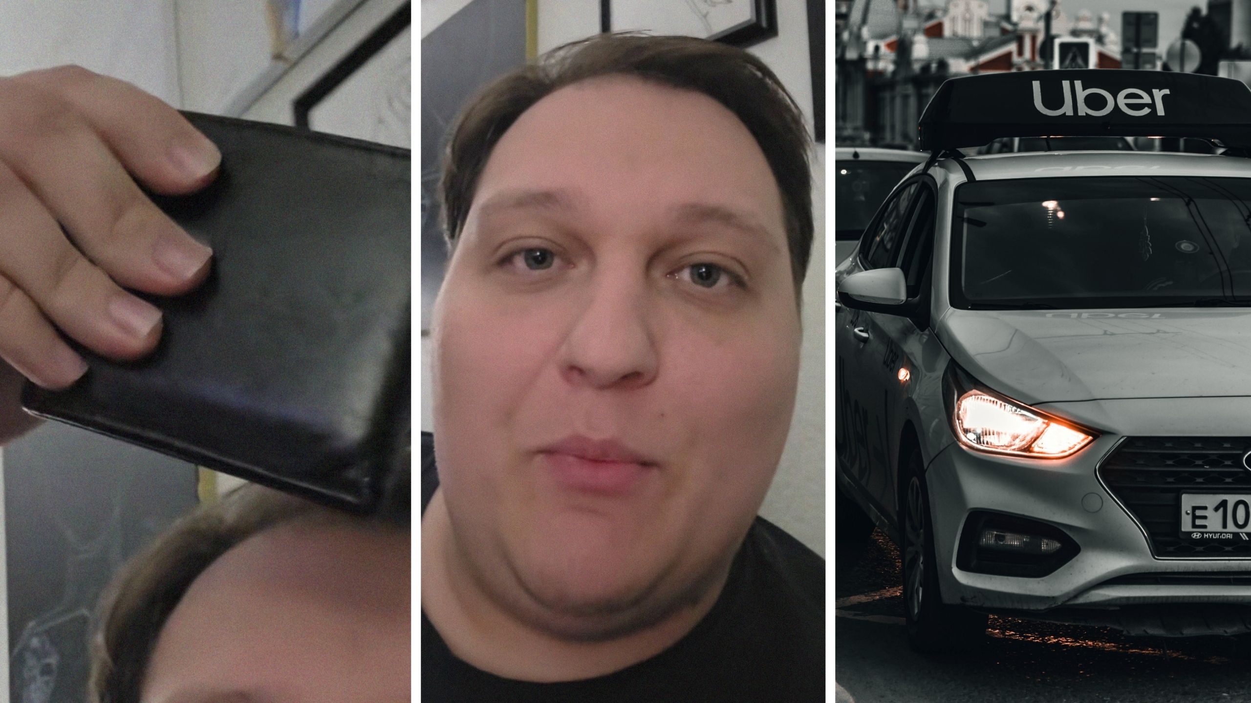 man holding wallet (l) man shares a day in the job as a uber (c) Uber on the go (r)