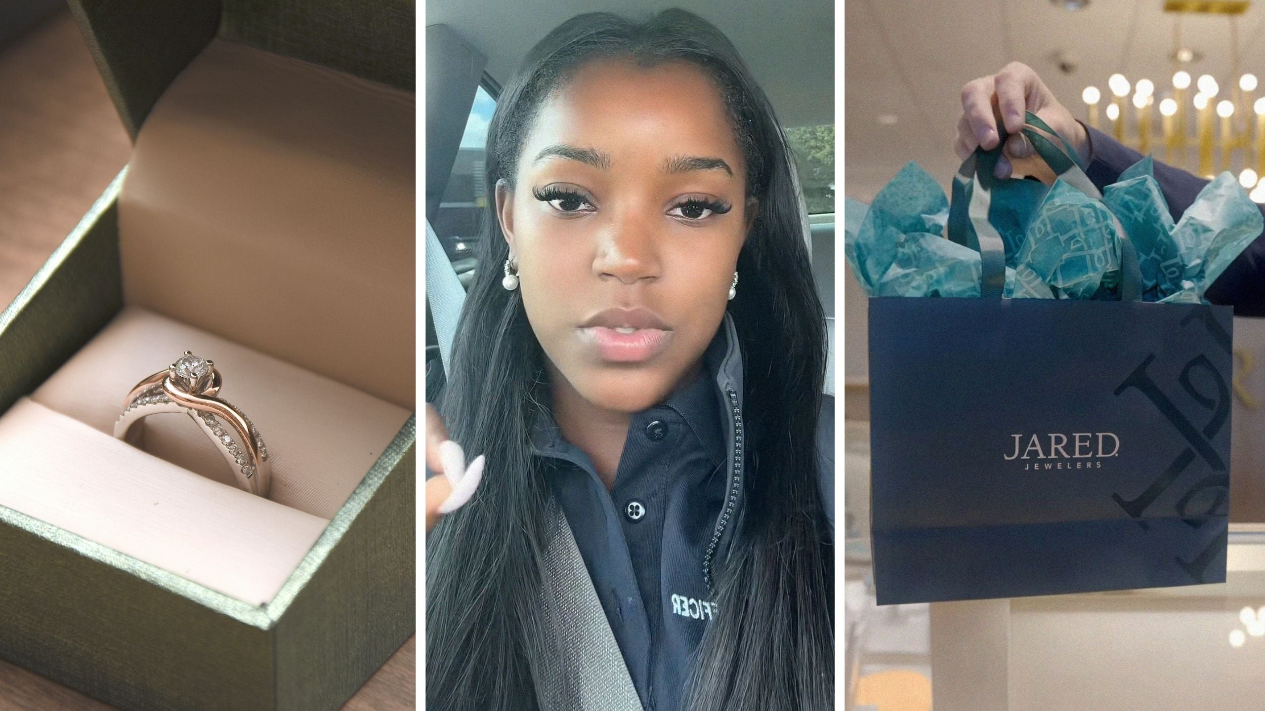 wedding ring (l) Woman shares Jared Jewelers experience (c) Jared Jewelers shopping bag (r)