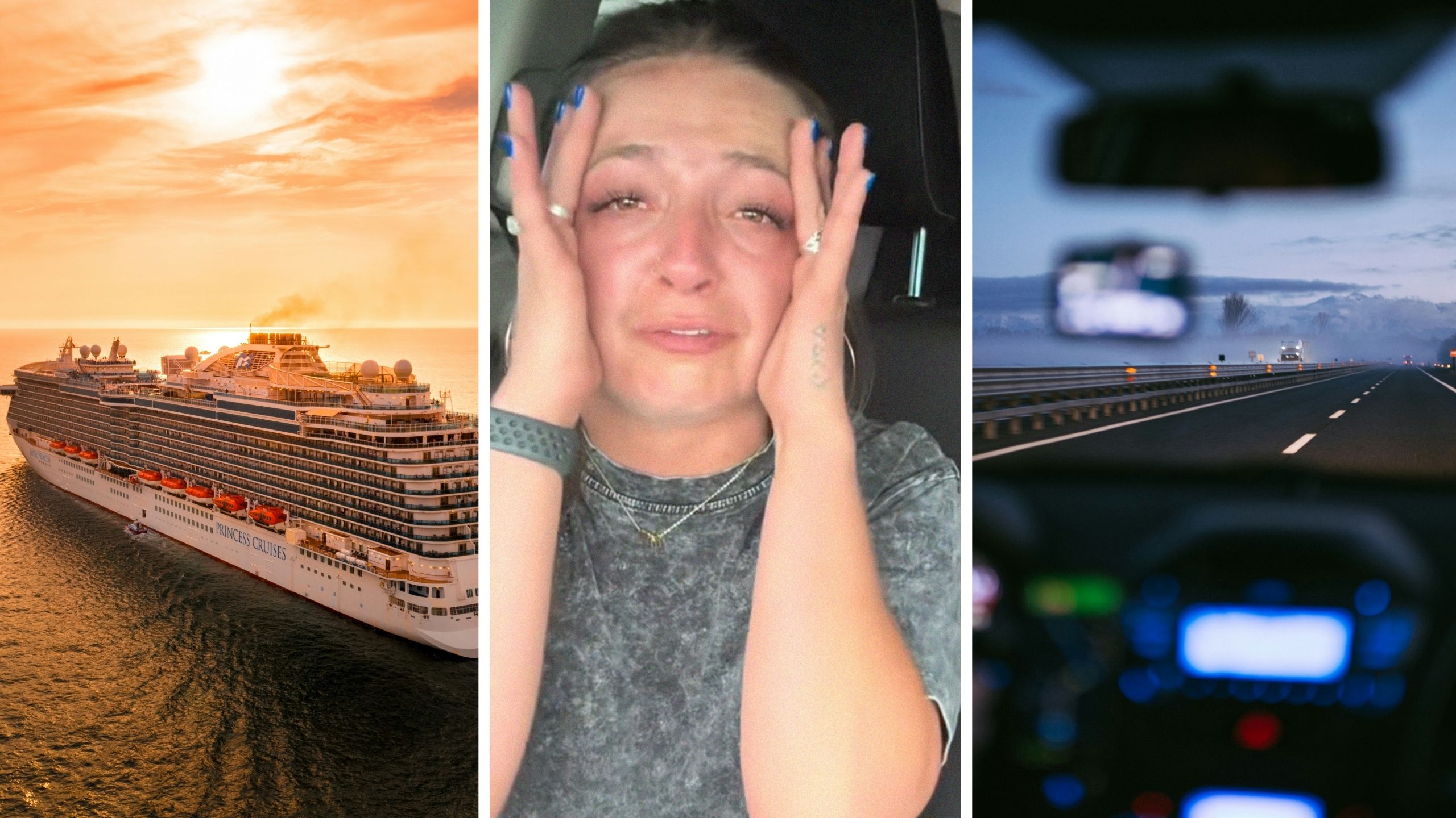 cruise on the go (l) woman shares traveling issue (c) long drive ahead (r)
