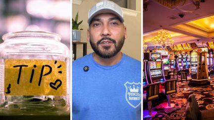 tip jar (l) man share eating out experience after Casino (c) Casino machines (r)