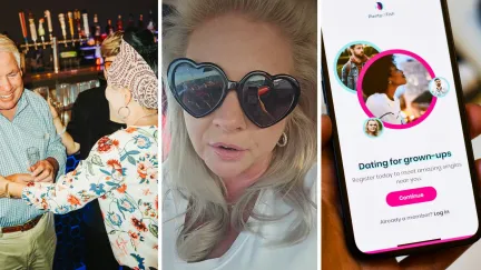 older man and woman at bar (l) woman shares first date experience (c) dating app (r)