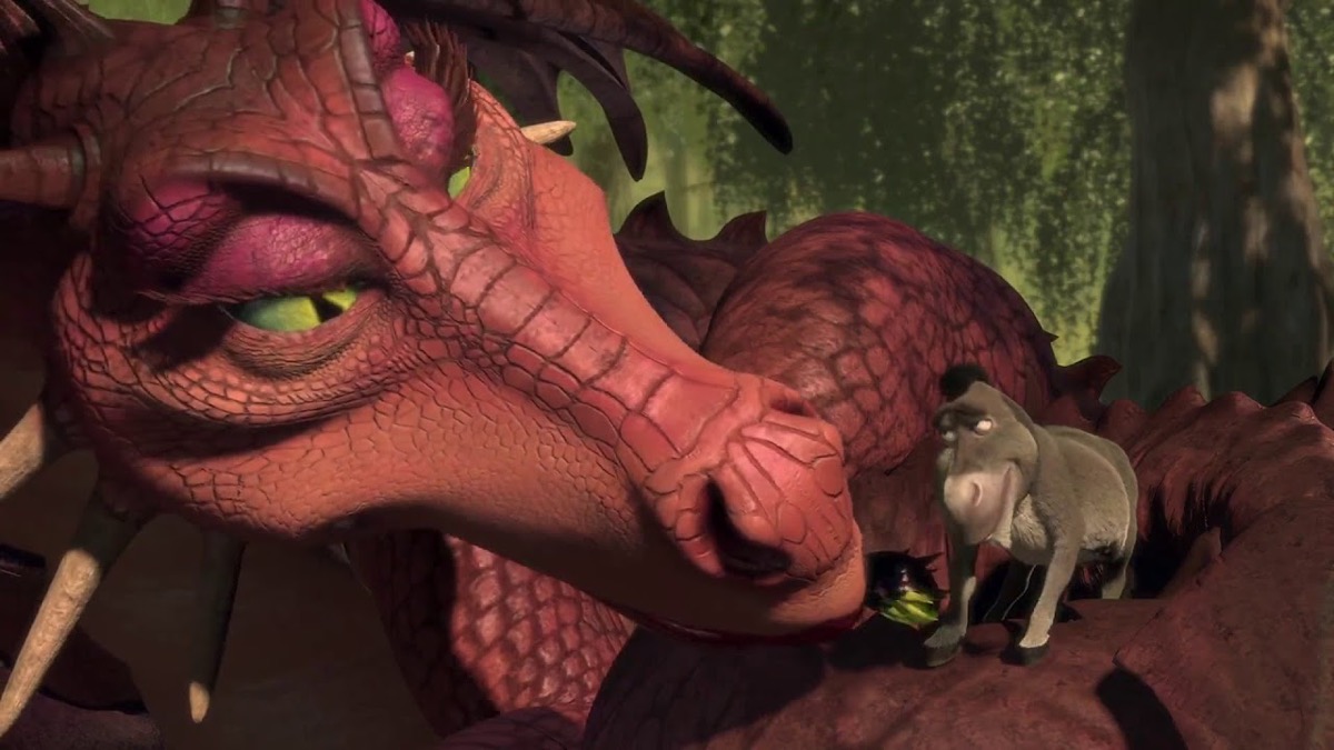The Dragon and Donkey flirt with each other in Shrek
