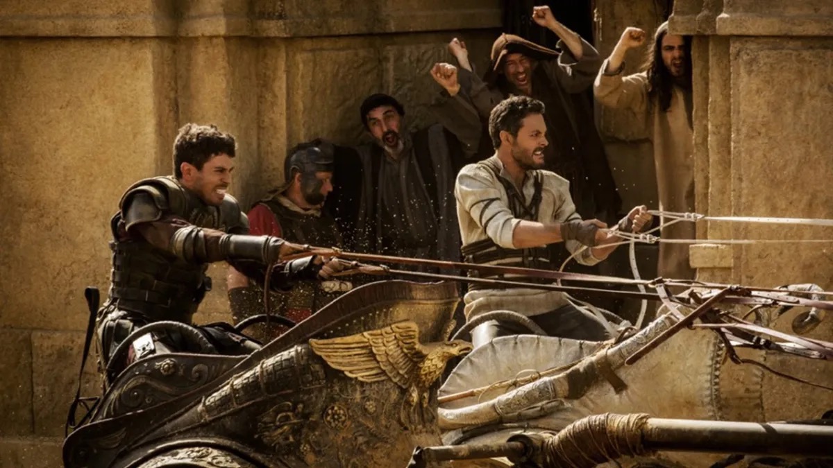 Two men race chariots in the Ben-Hur remake