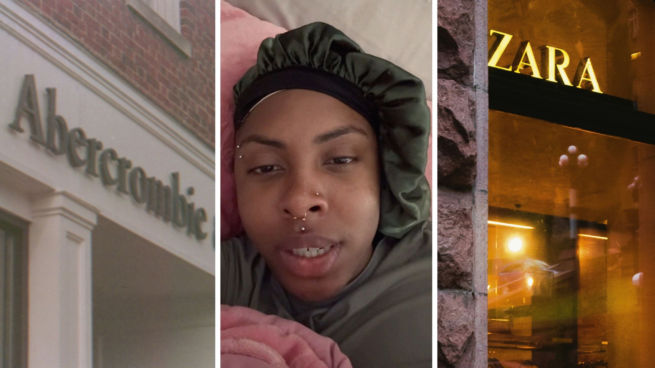 Abercrombie & Fitch storefront (l) woman shares her old job experience to a trending Zara video (c) Zara storefront (r)