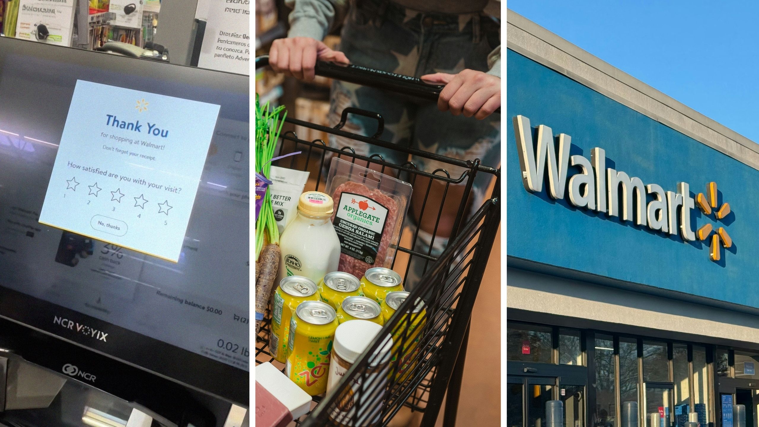 self-checkout counter (l) walmart shopper (c) walmart storefront (r)
