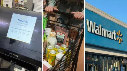 self-checkout counter (l) walmart shopper (c) walmart storefront (r)