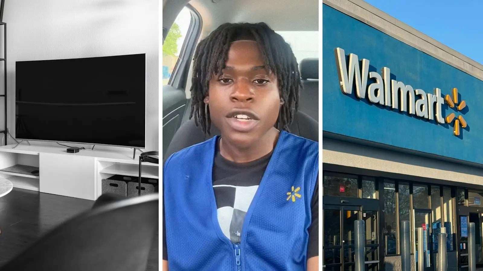 Walmart Television (l) walmart worker shares customer story (c) Walmart storefront (r)