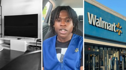 Walmart Television (l) walmart worker shares customer story (c) Walmart storefront (r)