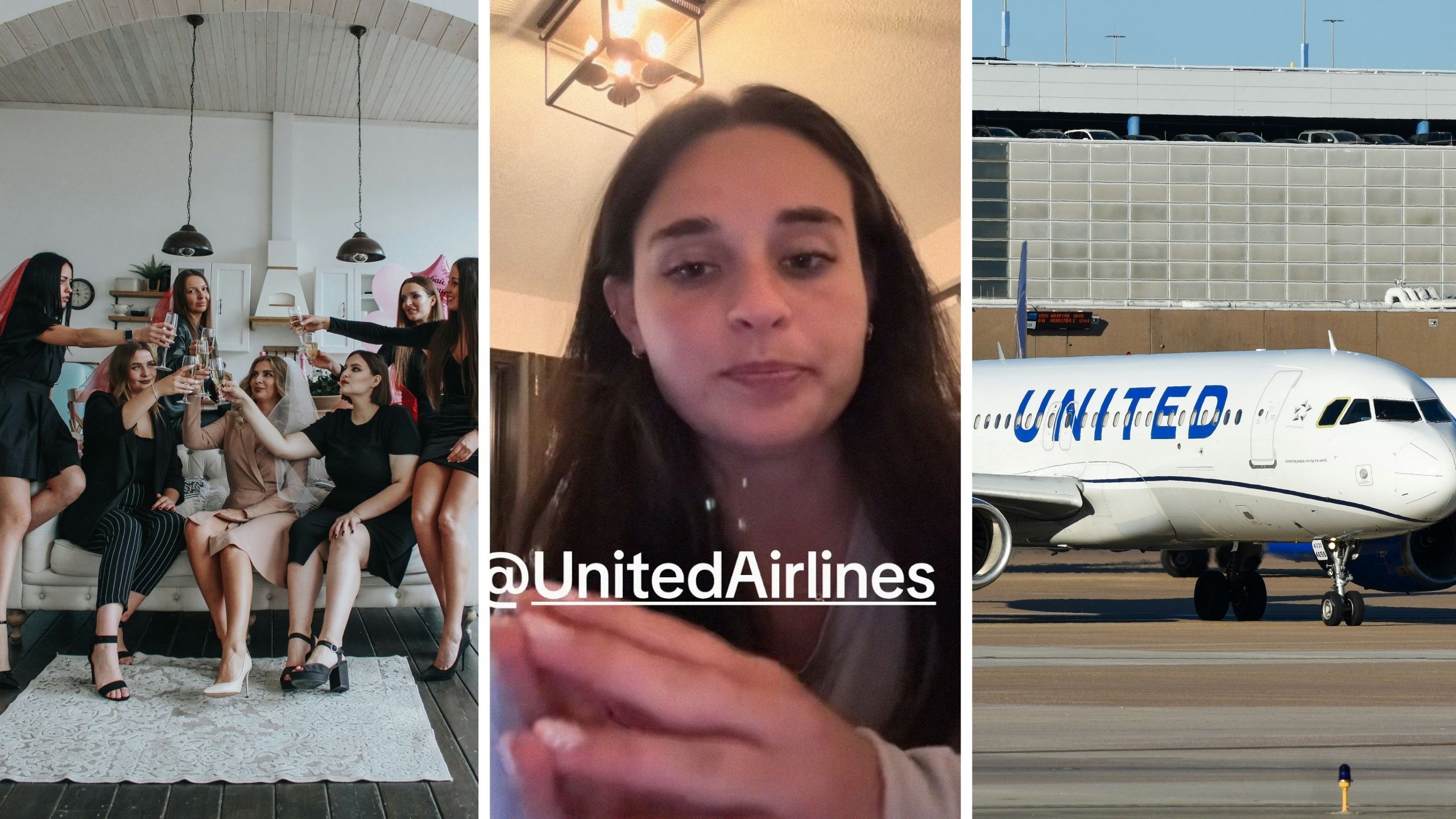 Wedding party crew (l) woman shares airlines issue (c) United airlines aircraft (r)