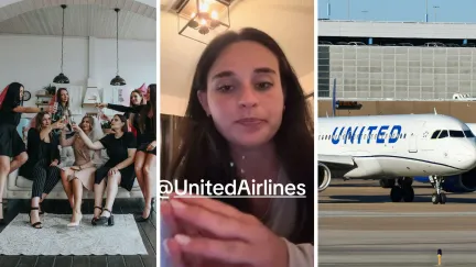 Wedding party crew (l) woman shares airlines issue (c) United airlines aircraft (r)