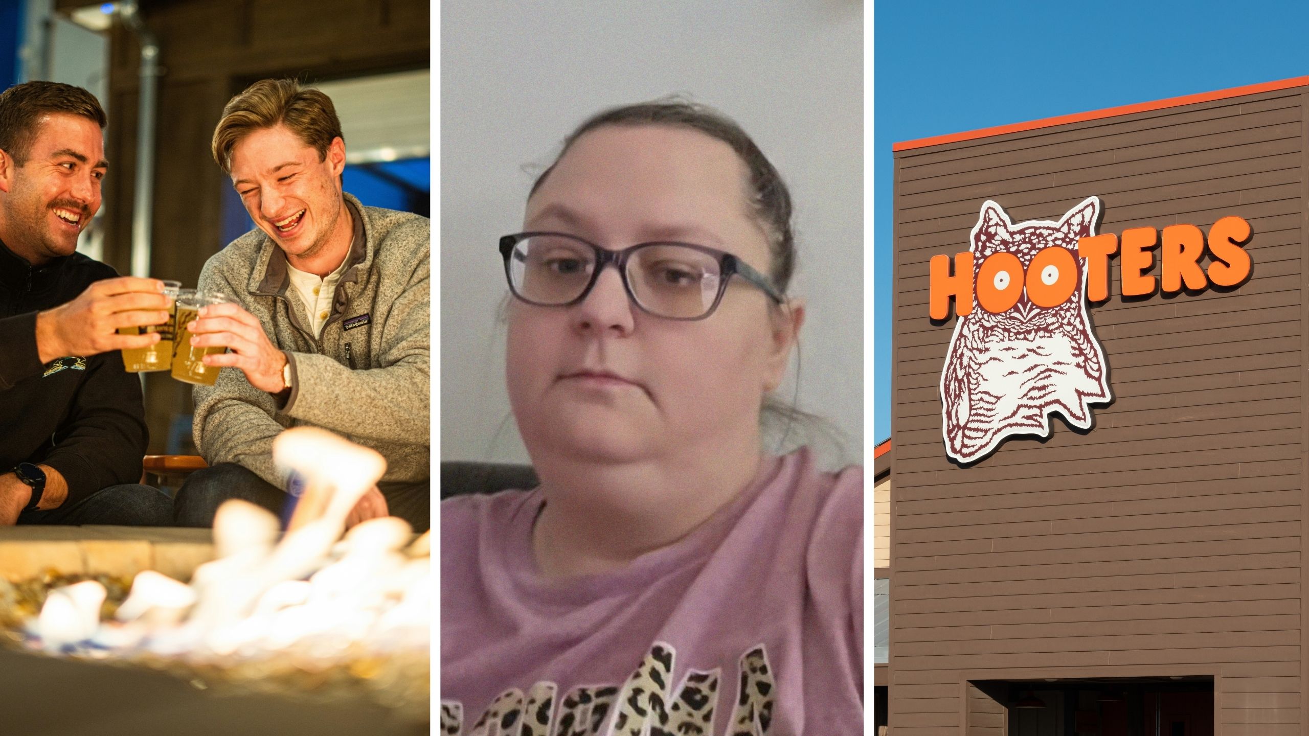 man laughing and having a drink (l) woman shares hooters experience (c) Hooters entrance (r)