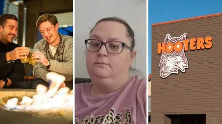 man laughing and having a drink (l) woman shares hooters experience (c) Hooters entrance (r)