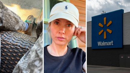 woman shows her new pants (l) woman shares walmart purchase issue (c) walmart storefront (r)
