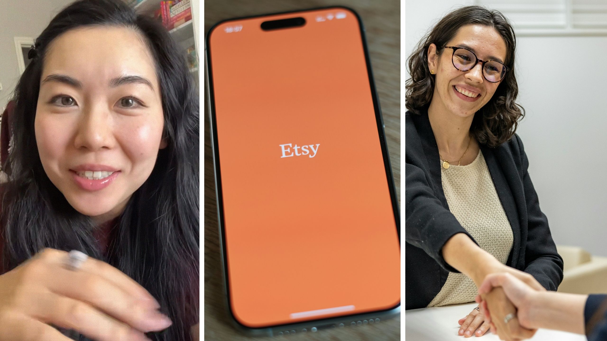woman shares etsy witch experience (l) Etsy app (c) woman at job interview (r)