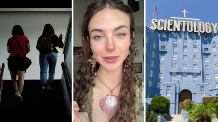 women escaping (l) woman shares scientology experience (c) Scientology building (r)