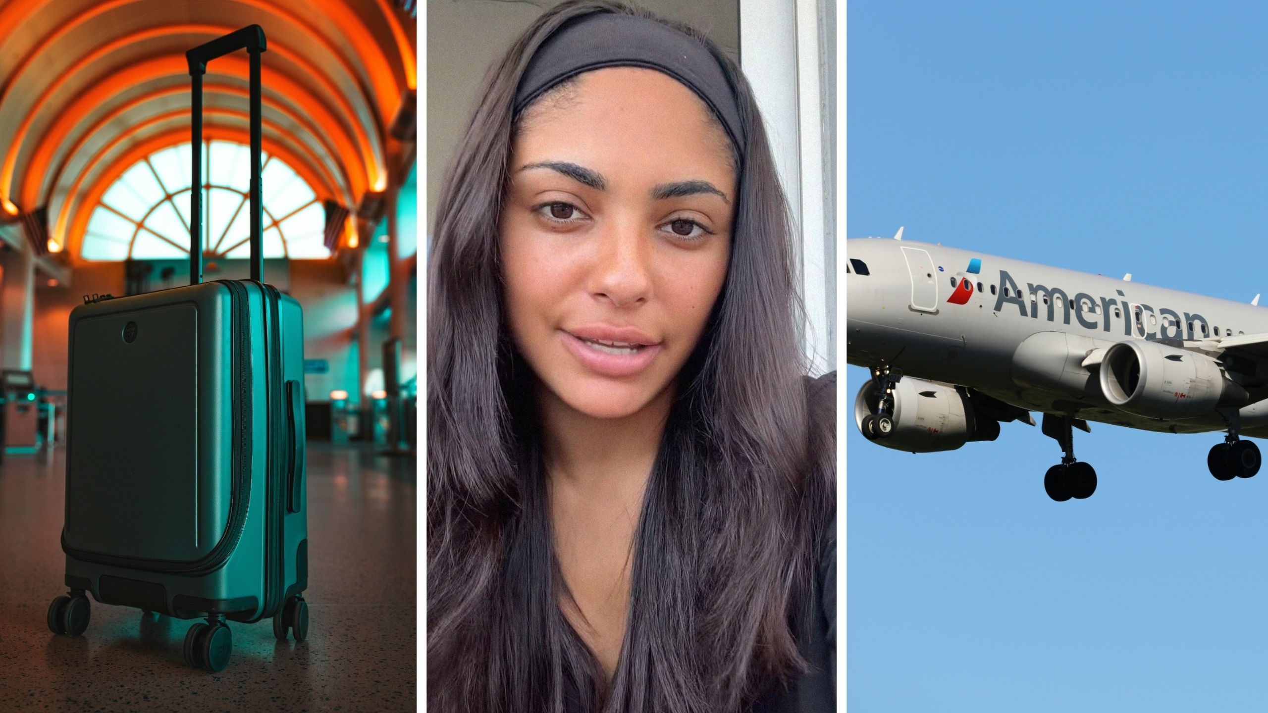 traveling luggage (l) woman shares American Airlines experience (c) American Airlines aircraft (r)